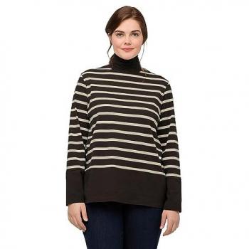 Ulla Popken Damen Longsleeve Shirt, Ringel, Stehkragen, Biobaumwolle