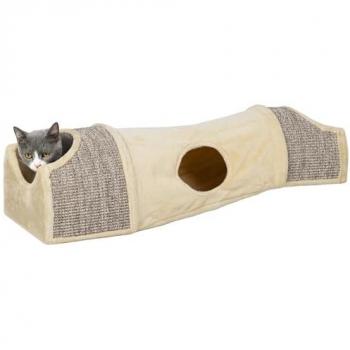 PawHut Tunnel Intérieur – 3 Portes, 2 Griffoirs, 107 L x 38 L x 29 H cm, Beige