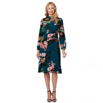 Teal Floral High Neck A-Line Midi Dress for Women