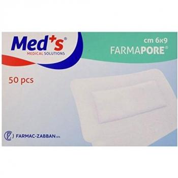 CEROTTO STERILE CON TAMPONE DI GARZA CENTRALE E BORDI ADESIVI MEDS FARMAPORE 6X9 CM, 50 PEZZI