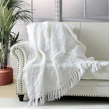 Luxurious Cream Basketweave Knitted Blanket for Couch/Bed