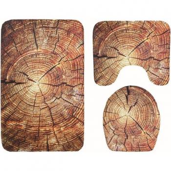 Tapis de bain 3 pièces antidérapant avec housse de toilette motif bois