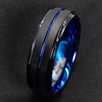 Bague de mariage homme 8MM en tungstène noir avec rainure bleue