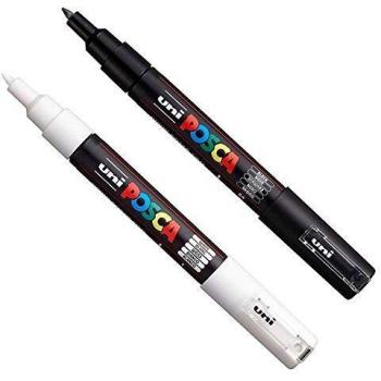 Posca PC-1M Marqueurs pour activité artistique, marqueur pour tissu, verre, métal, lot noir + blanc