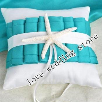 Blue and White Satin Ring Pillow with Starfish for Weddings 8.2 x 8.2