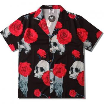 Short Sleeve Hawaiian Shirt for Men with Skull and Red Rose Design