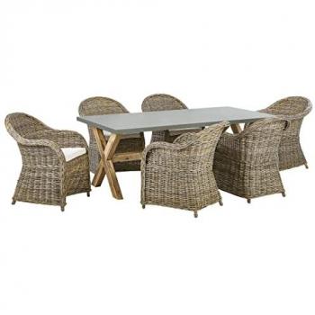 Garden Dining Set with Natural Concrete Table and 6 Rattan Wicker Chairs with Cotton Cushions