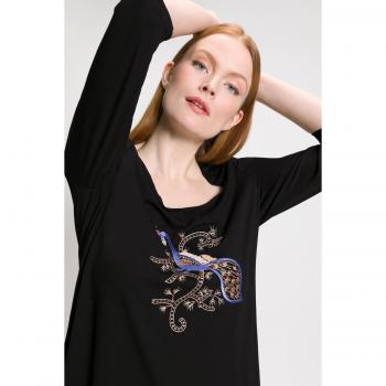 Maglia donna nero con ricami di pavone, scollo a V, maniche a 3/4, taglia 48/50, Ulla Popken