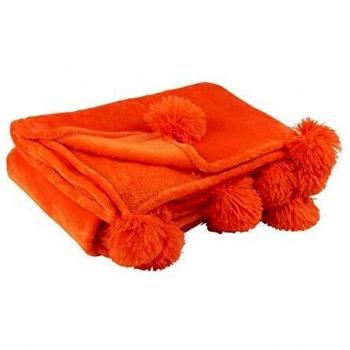Plaid Déco Pompons Orange Vif 130x170cm