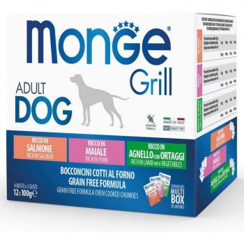 Monge Grill Adult Multibox Mix Salmone Maiale Agnello Cibo Umido Per Cani Adulti 12 Bustine