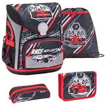 Belmil Schulranzen 4-teilig für Jungen 1-4 Klasse/mit Brustgurt, Hüftgurt/Magnetverschluss/Rennauto/Schwarz