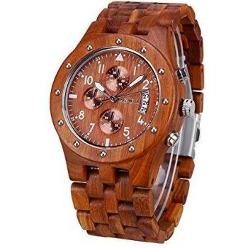 Montre en Bois Naturel Bewell 100% avec Chronographe et Affichage de la Date 109D (Rouge)