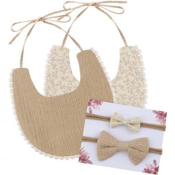 Tablier d'alimentation pour bébé, serviette en coton avec 2 filles, bandeau à nœud papillon, couvre-chef photo, modèle Q81A