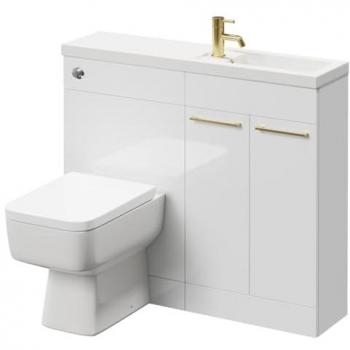 Napoli Gloss White 1000 mm Bathroom Unit – Vanity + Toilet, 1‑Tap Slimline Basin, 2‑Door, Brushed Brass