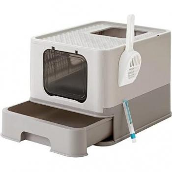 Oatmeal and Warm Gray Covered Cat Toilet with Anti-Leaking Design