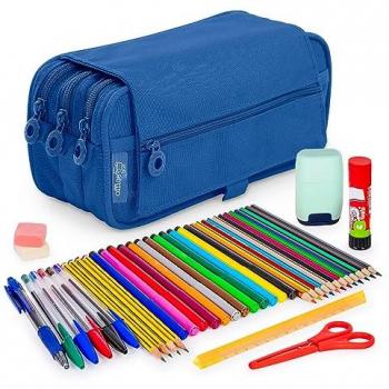 ColePack TrioÉclat Deluxe – Ensemble Trousse Scolaire Triple, 3 Fermetures Éclair, Articles Scolaires Premium (Bleu F.)