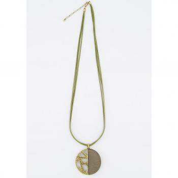Collana lunga plus size verde con ciondolo circolare, Donna, Taglia unica, Zinco/Legno/Poliestere