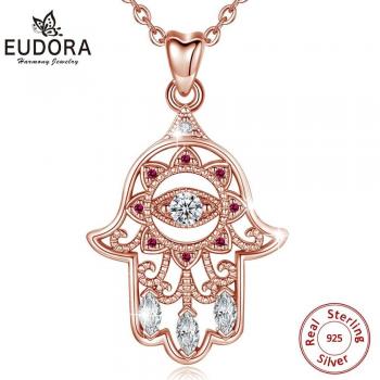 Joyería de plata 925 con colgante de mano hamsa y ojo malvado en color oro rosa