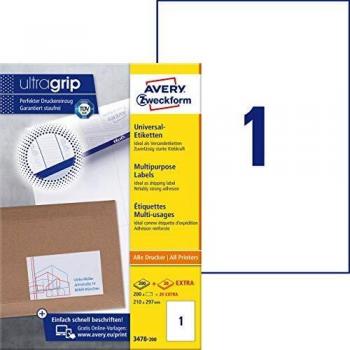 Avery Zweckform 3478-200 Self-adhesive Labels 210 x 297 mm White Permanent Adhesive 220 Labels
