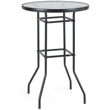 Table de patio à bar en verre durci 97 cm, cadre métallique noir, patins sécurisés