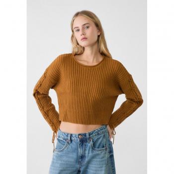 Pullover con maniche lace-up color cammello chiaro L