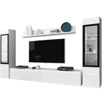 Conjunto de salón Sarasota 126, Blanco Brillante y Aglomerado Laminado con Mesa de TV y Vidrio Templado, LED Opcional, Partes Separadas