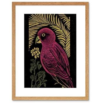 Gold‑Accented Pink Parrot & Plant Motif – 9×7 Framed Wall Art
