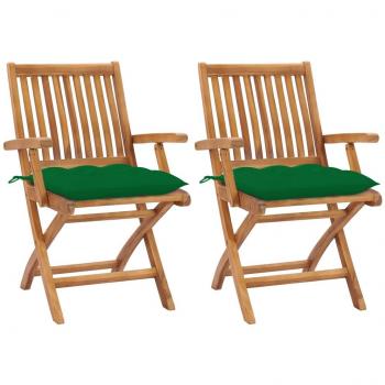 Chaises de terrasse 2‑packs avec coussins verts, bois de teck – VIDAXL