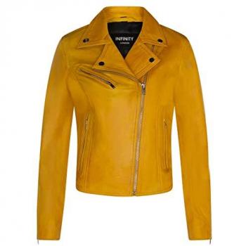 Women’s Baku Leather Classic Biker Jacket – Yellow, Size 12 (UK)