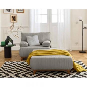 Bestmobilier Cristal Fauteuil Convertible avec Coffre et Grand Pouf en Velours Côtelé Gris Clair