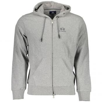 La Martina Gray Cotton Hooded Sweater with Zip and Print