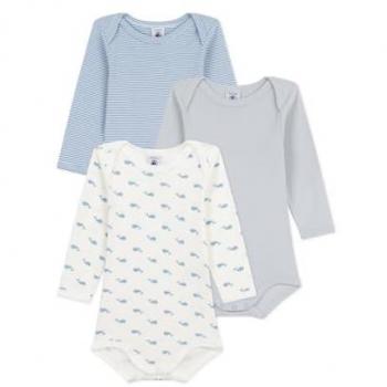 Petit Bateau Kinder‑Bodys 3‑Pack – Ringelfarbe Natur-Blau – 80 cm