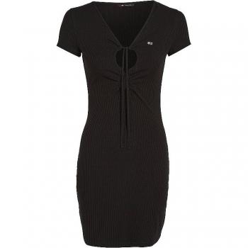 Jerseykleid TOMMY JEANS TJW TIE GATHERING RIB DRESS Gr. XS (34), N-Gr, schwarz (black) Damen Kleider mit Tommy Jeans Markenlabel