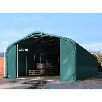 Hangar extérieur TOOLPORT 6m x 12m, portail 4,1m x 2,9m, bâche PVC épaisseur 850 deniers, teinte verte foncée, avec systèmes d