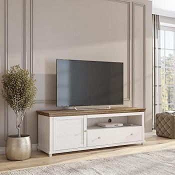 Landhausstil TV Lowboard EPSOM-83, Abisko Esche Nb. in Weiß mit Lefkas Eiche Nb., B/H/T: ca. 181/61/49 cm