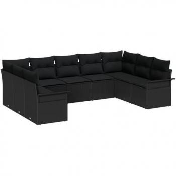 Canapé jardin 9 pièces noir poly‑rotin – avec coussin