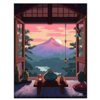 Traditional Tea Ceremony Fuji Horizon – Colourful Landscape Artwork