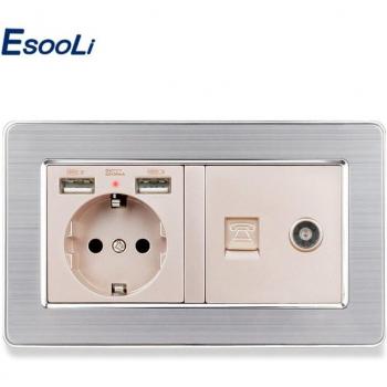 Esooli Stainless Steel Wall Socket with 2 USB Ports and Telephone Connector