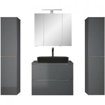 Lomadox Badmöbel-Set AMARILLO‑147‑GREY: 4‑teiliges Grau-Hochglanz-Set mit Wotan Eiche Nb., inkl. Waschbecken