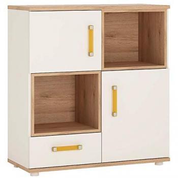 4Kids Cupboard with 2 Doors, 1 Drawer, and 2 Open Shelves in Light Oak and White