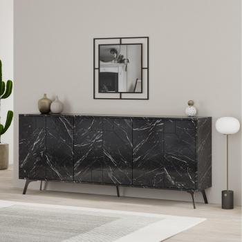 Decortie Modern Geometric Sideboard with Push-to-Open Doors and Black Marble Finish, 77.4 cm High x 183 cm Wide x 35 cm Deep