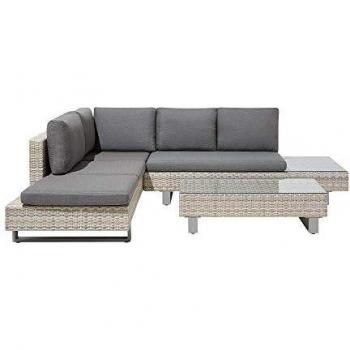 Set da Giardino Divano Angolare in Rattan Sintetico Beige con Cuscini Grigi e Tavolino 5 Posti
