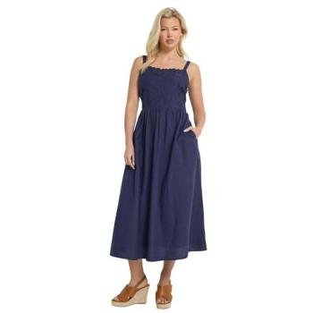 Size 16 Mid Navy Women's Linen Maxi Dress, Trimmed Embroidery
