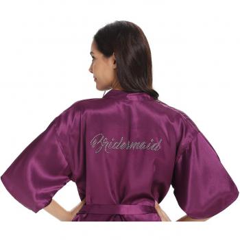 Vlazom Braut Satin Kimono Morgenmantel V-Ausschnitt mit Gürtel für Hochzeitsfeier