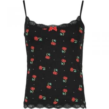 Top “Cherries Classic” in stile Rockabilly – Pussy Deluxe, XS‑XL, Donna, Nero/Rosso