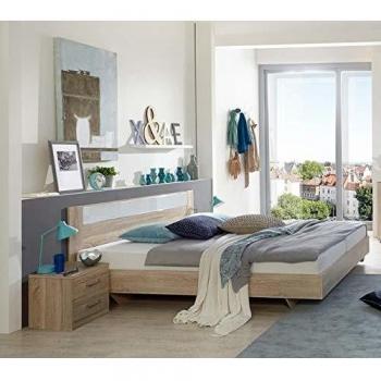 Lit adulte 160 x 200 cm avec 2 chevets en imitation chêne, verre blanc et chrome