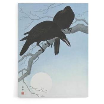 Twin Crows on Tree Canvas – Ohara Koson Blue Artwork (24x32 inches)
