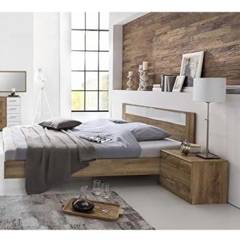 Lit adulte avec chevets chêne poutre/blanc/chrome PEGANE