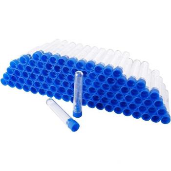 Échantillonnage – Tubes plastiques transparents 12 mm × 60 mm, bouchon bleu, 200 pièces