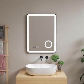 Espejo de pared con iluminación LED Pescara, IP65, antivaho y lupa, 80 x 60 cm, negro